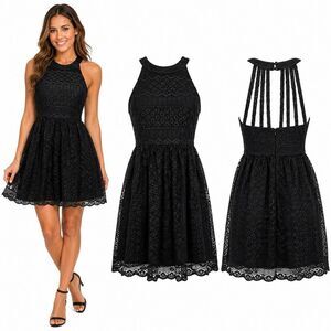 Vanity Black Lace Halter Fit & Flare Dress M